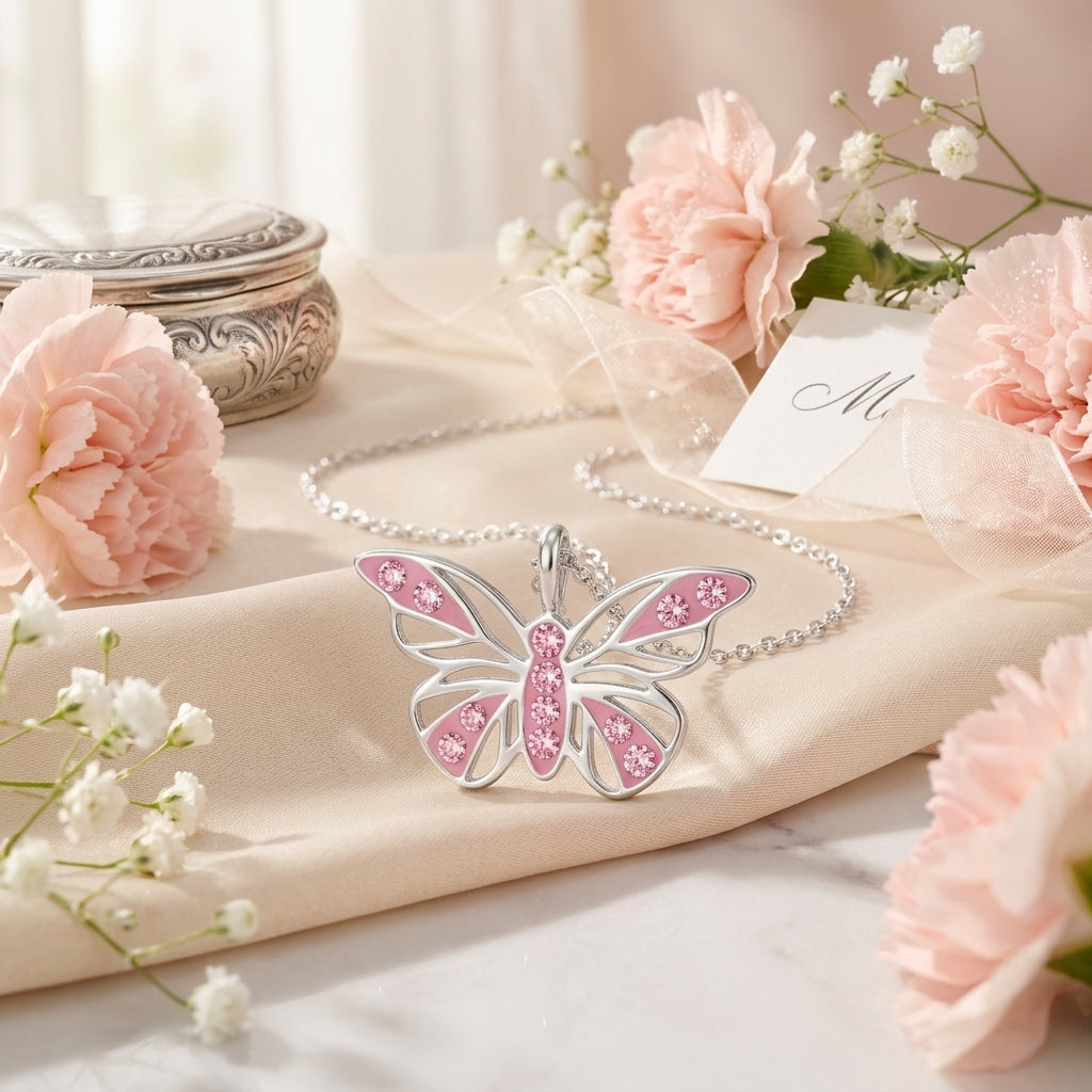 Butterfly Sterling Silver Necklace with Crystal