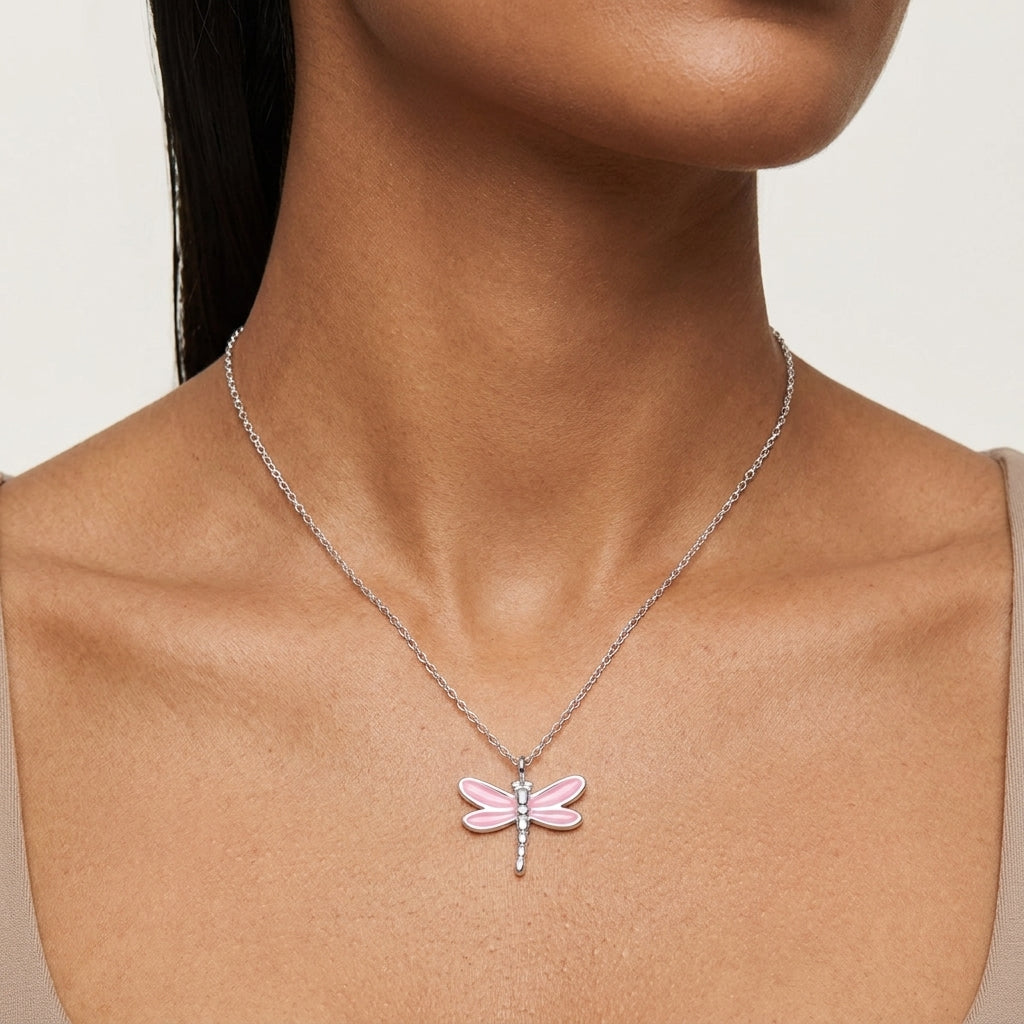 Sterling Silver Pink Enamel Dragonfly Pendant
