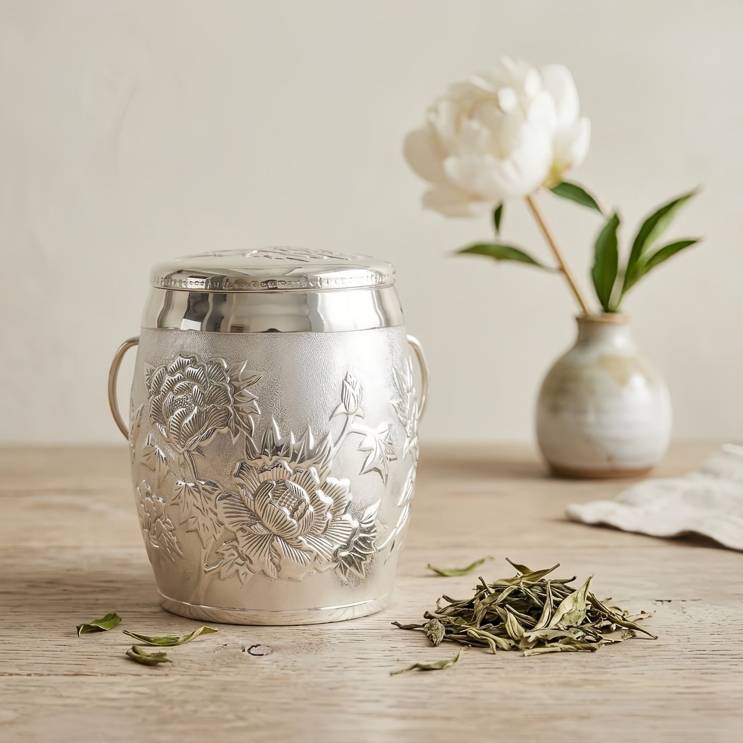 Peony Embossed Silver Decorative Jar with Handles