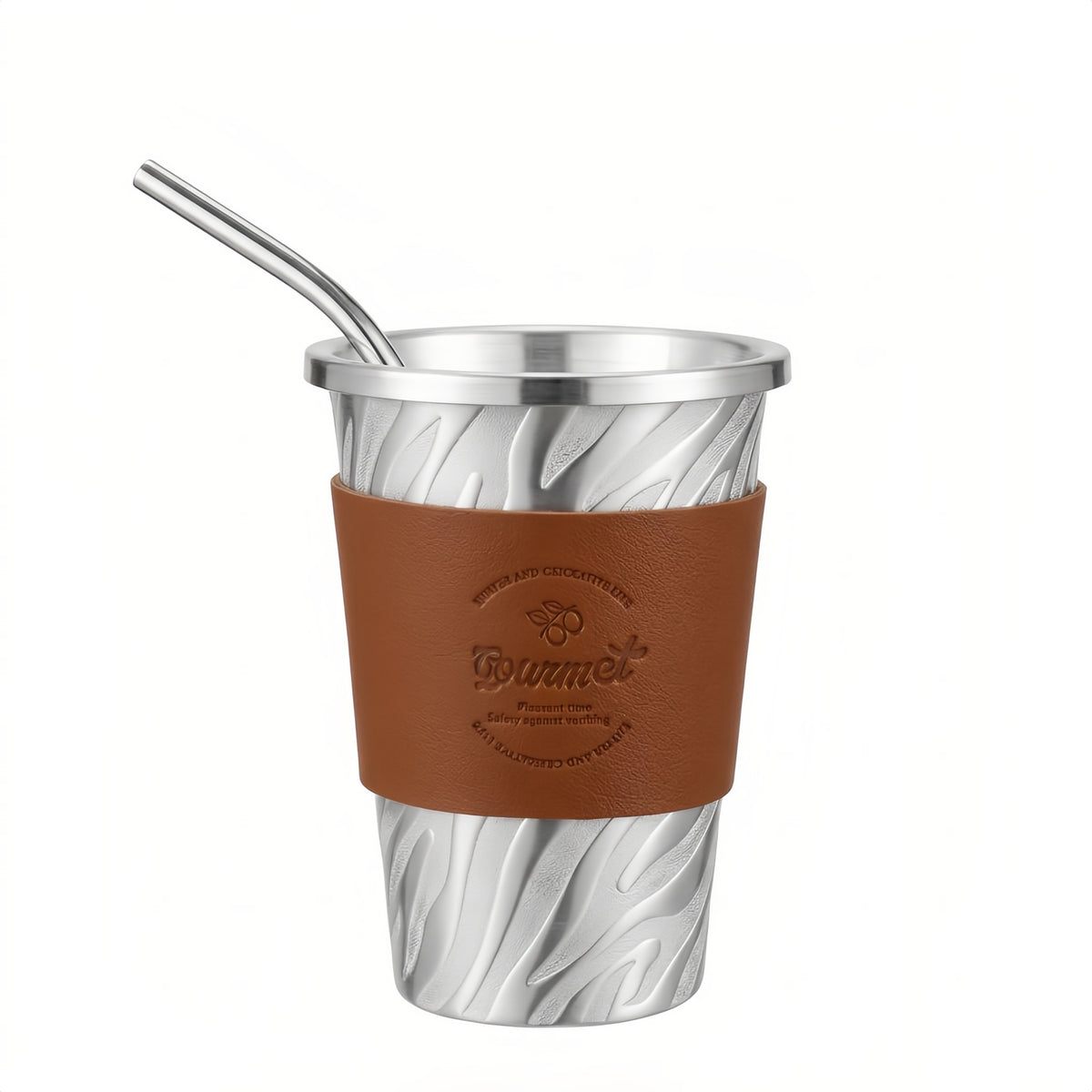 Stainless steel tumbler shown with its matching reusable stainless steel straw