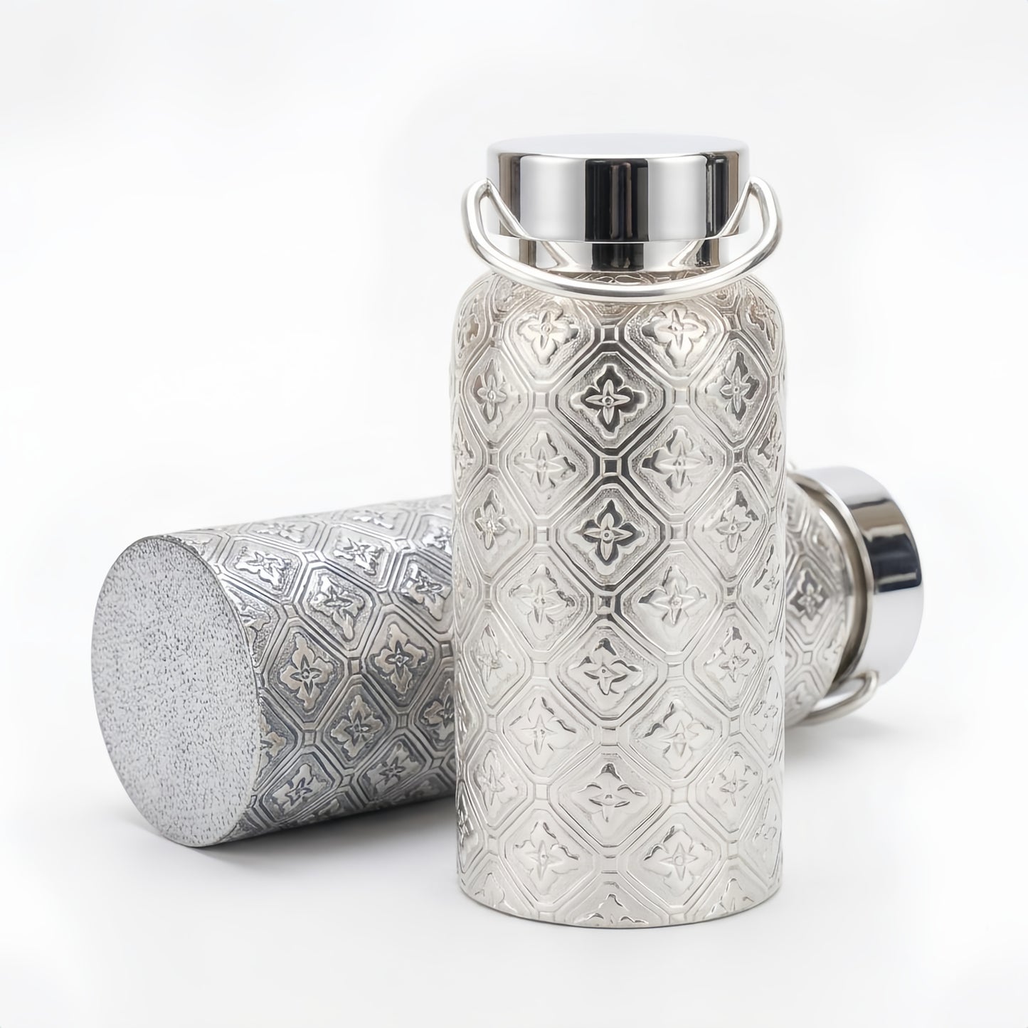 925 Sterling Silver Flask Set with CZ & Floral Engraving