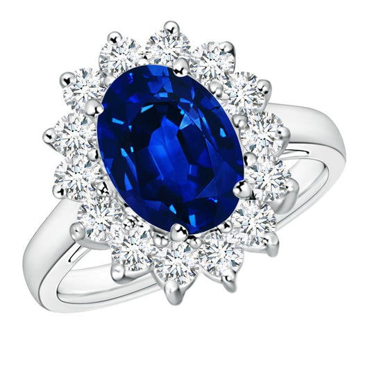 Anillo estilo Princesa Diana con zafiro y diamante de laboratorio de 3,00 CTW (certificación AGI G/VS) con halo, en oro blanco de 14K