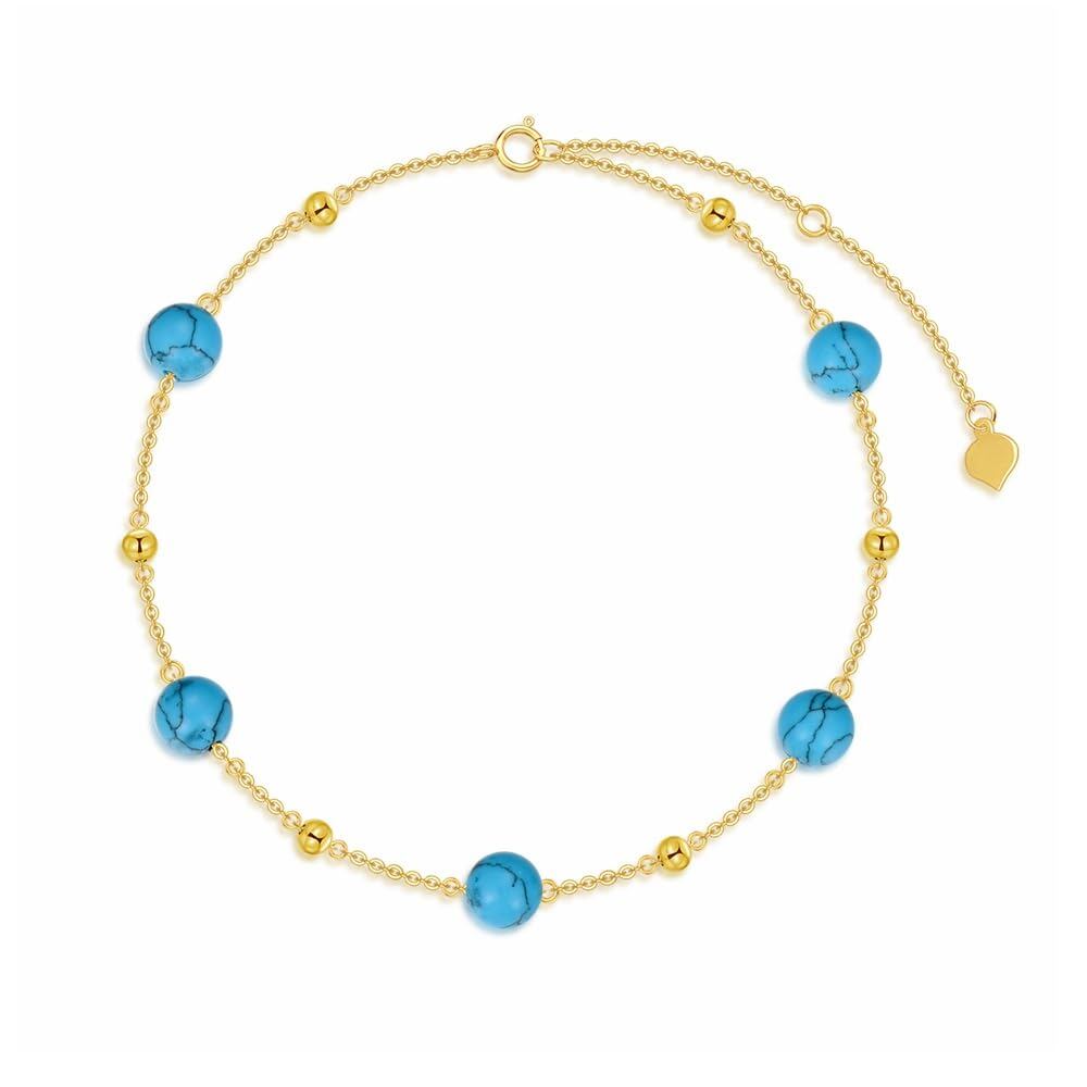 14k Gold Turquoise Round Bead Adjustable Chain Bracelet For Women