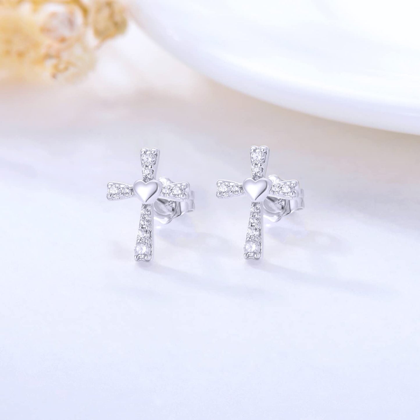 14K White Gold  Cubic Zirconia Heart Cross Stud Earrings