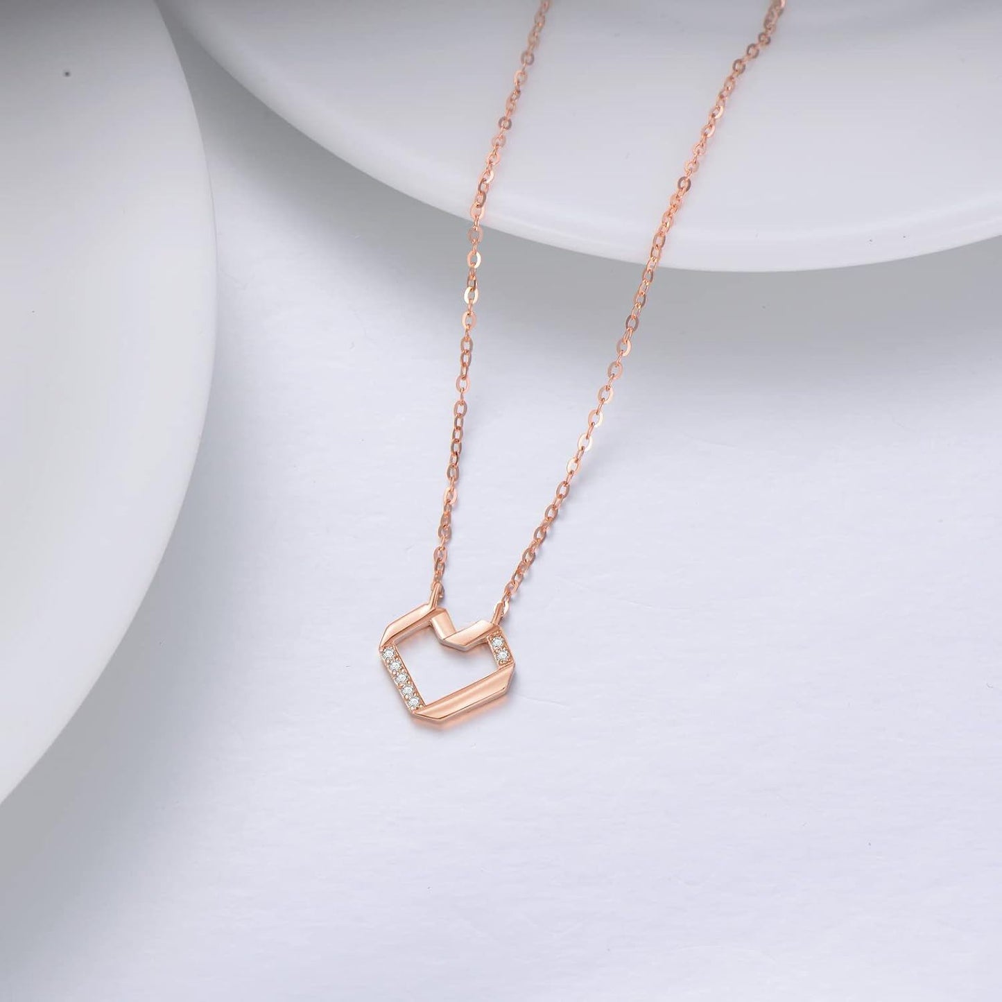 14K Gold Diamond Hexagon Open Heart Bar Pendant Necklace