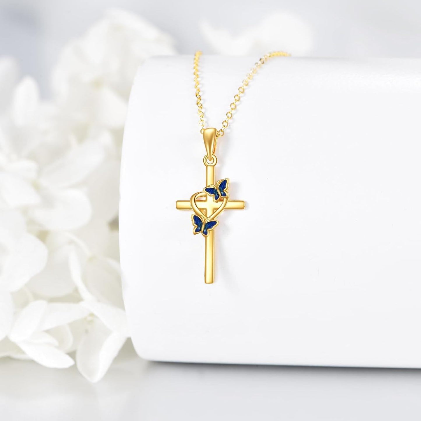 Collares con colgante de mariposa cruz de oro de 14K al por mayor para mujer, esmalte azul