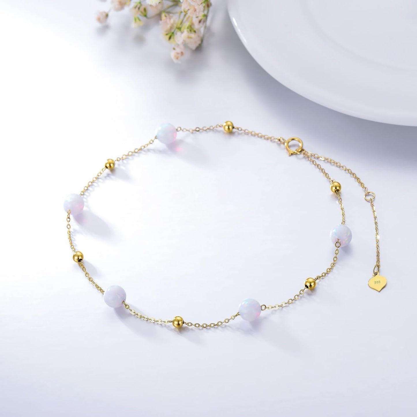 Tobilleras de cadena de oro de 14 quilates con ópalos y abalorios morados para mujer - Talla ajustable