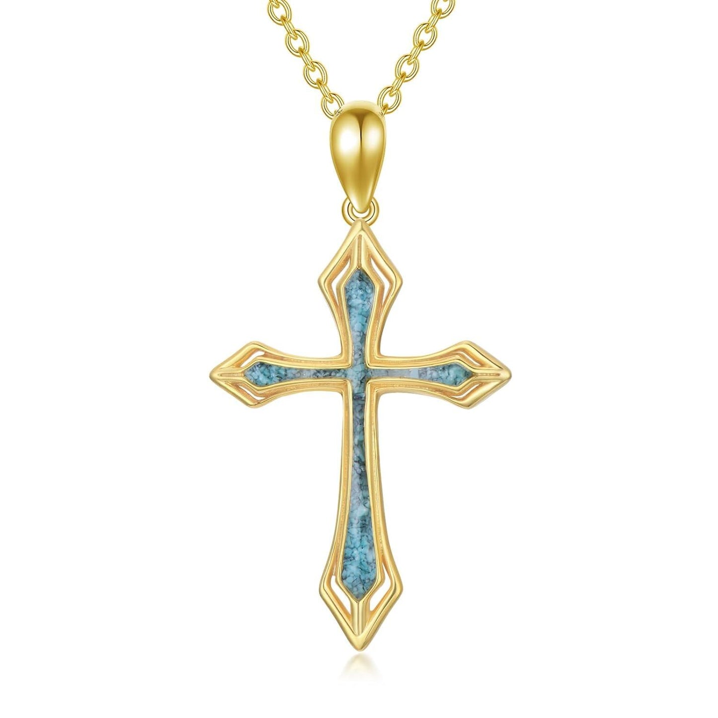 14K Gold Turquoise Inlay Cross Pendant Necklace