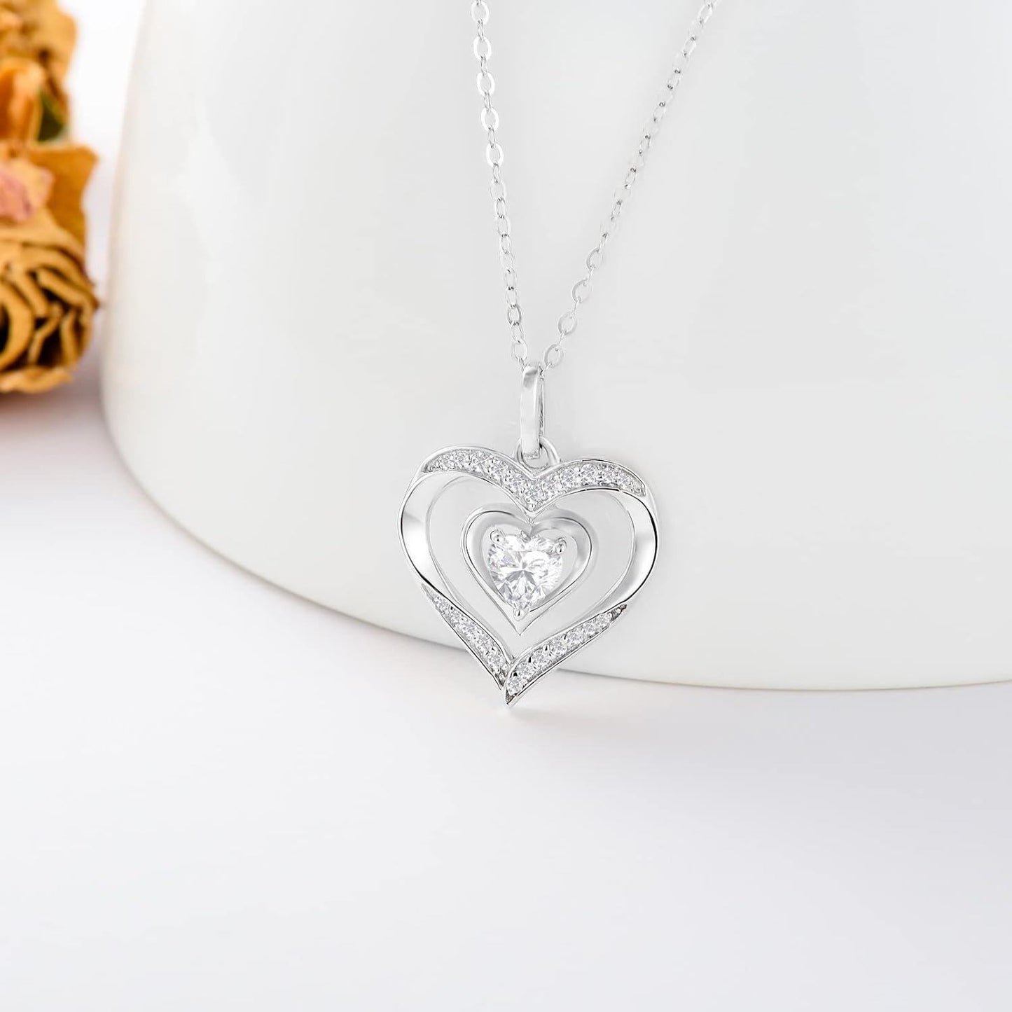 14K White Gold Diamond Double Heart Pendant