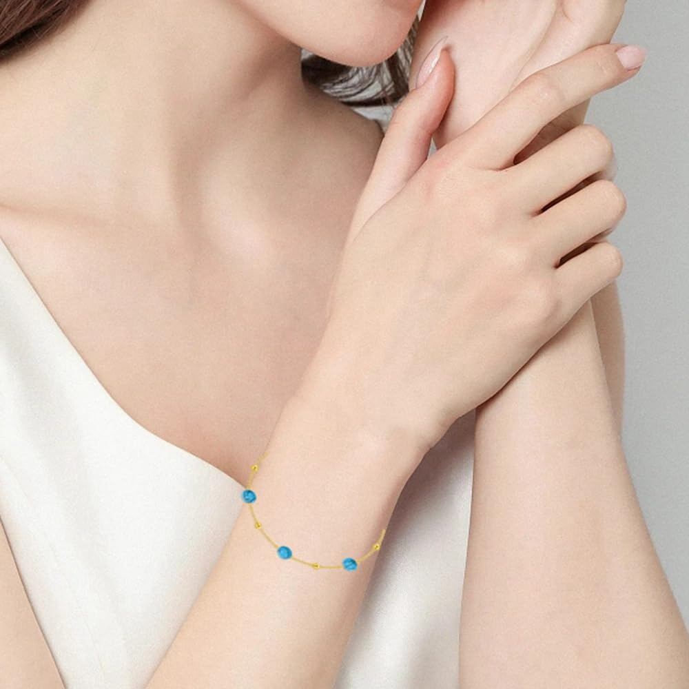 14k Gold Turquoise Round Bead Adjustable Chain Bracelet For Women