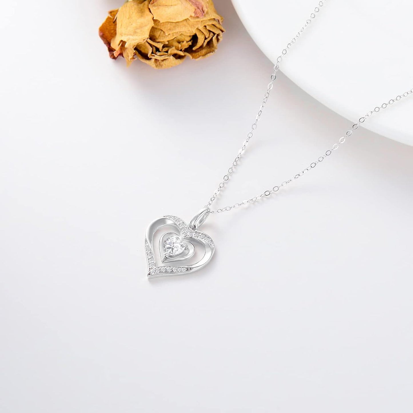 14K White Gold Diamond Double Heart Pendant