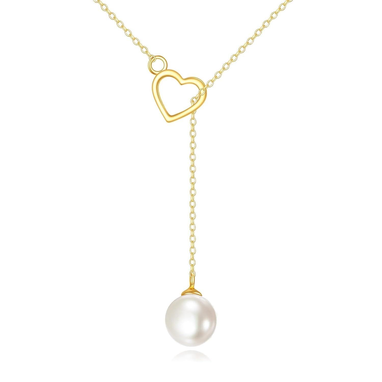 14K Gold Heart & Pearl Lariat Necklace