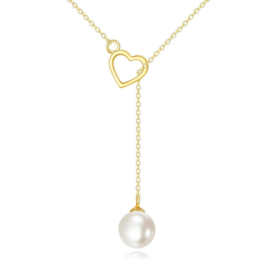 14K Gold Heart & Pearl Lariat Necklace