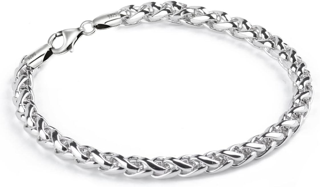 925 Sterling Silver 7mm Wheat Link Chain Bracelet