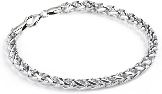 925 Sterling Silver 7MM Thick Wheat Link Chain Bracelet  for Men & Women