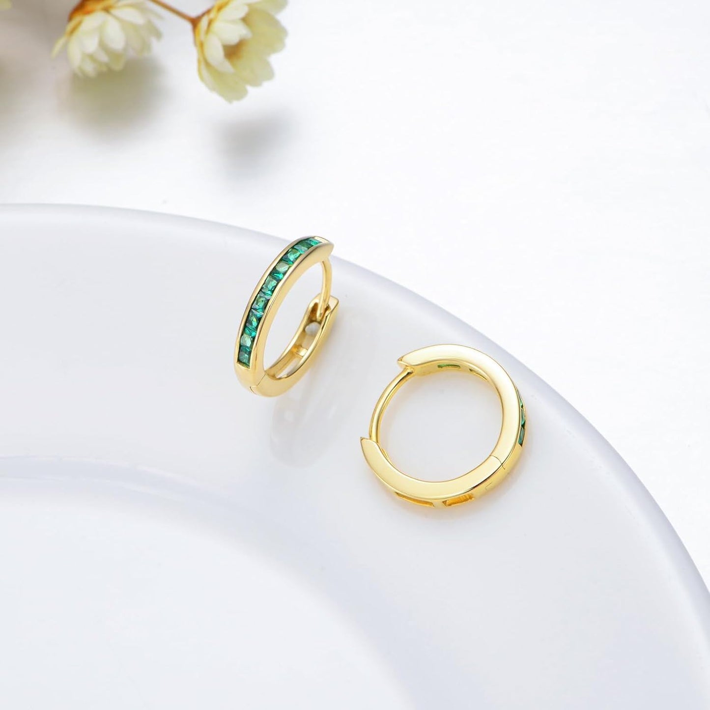 14K Gold Emerald Hoop Earrings - 3 Row Green Gemstone Jewelry