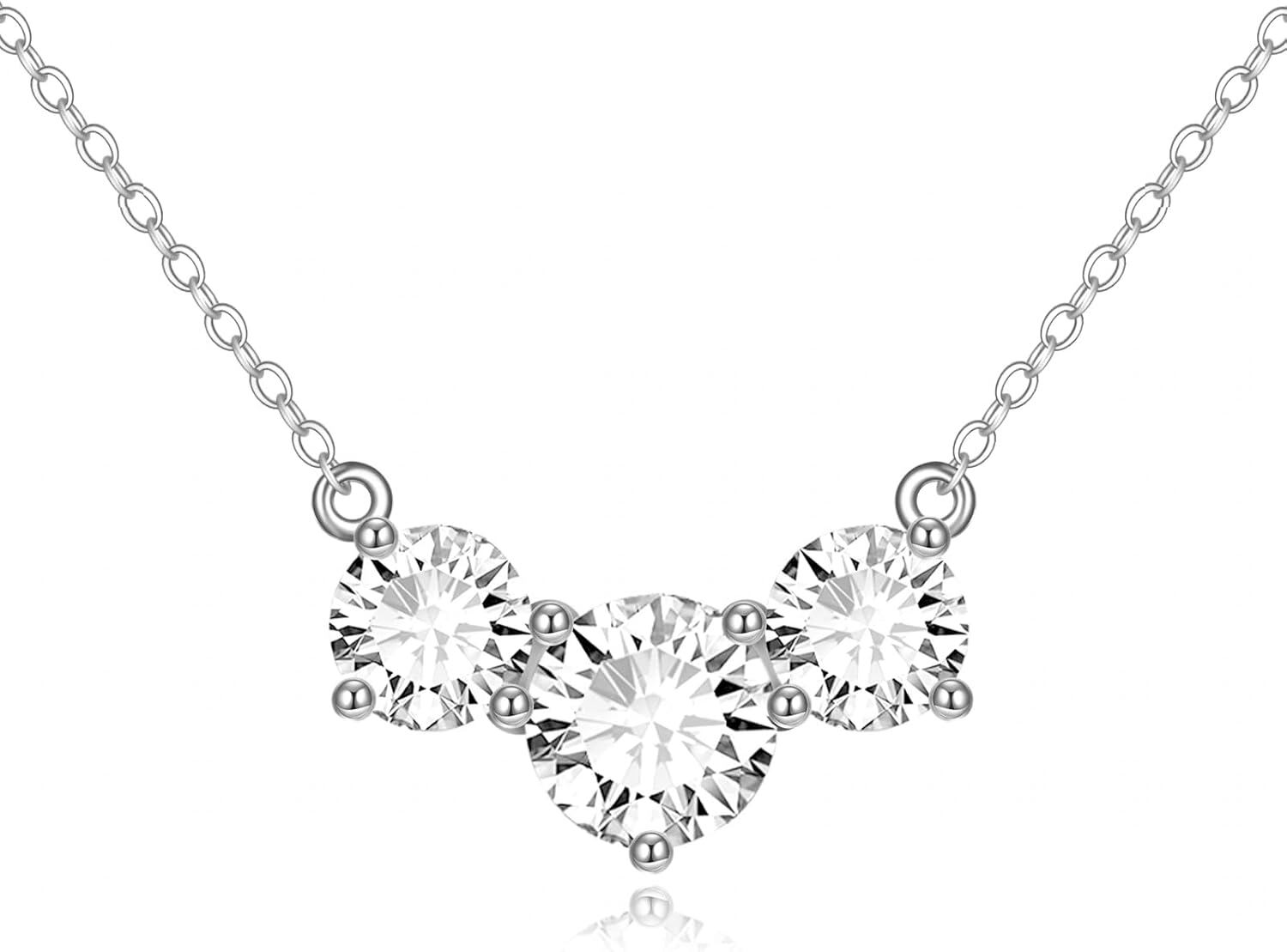 White Gold Round Moissanite Three-Stone Pendant Necklace