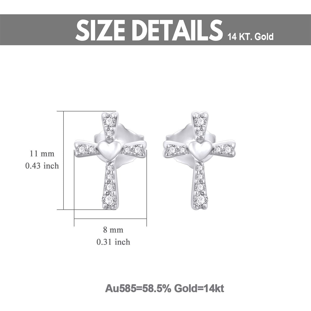 14K White Gold  Cubic Zirconia Heart Cross Stud Earrings