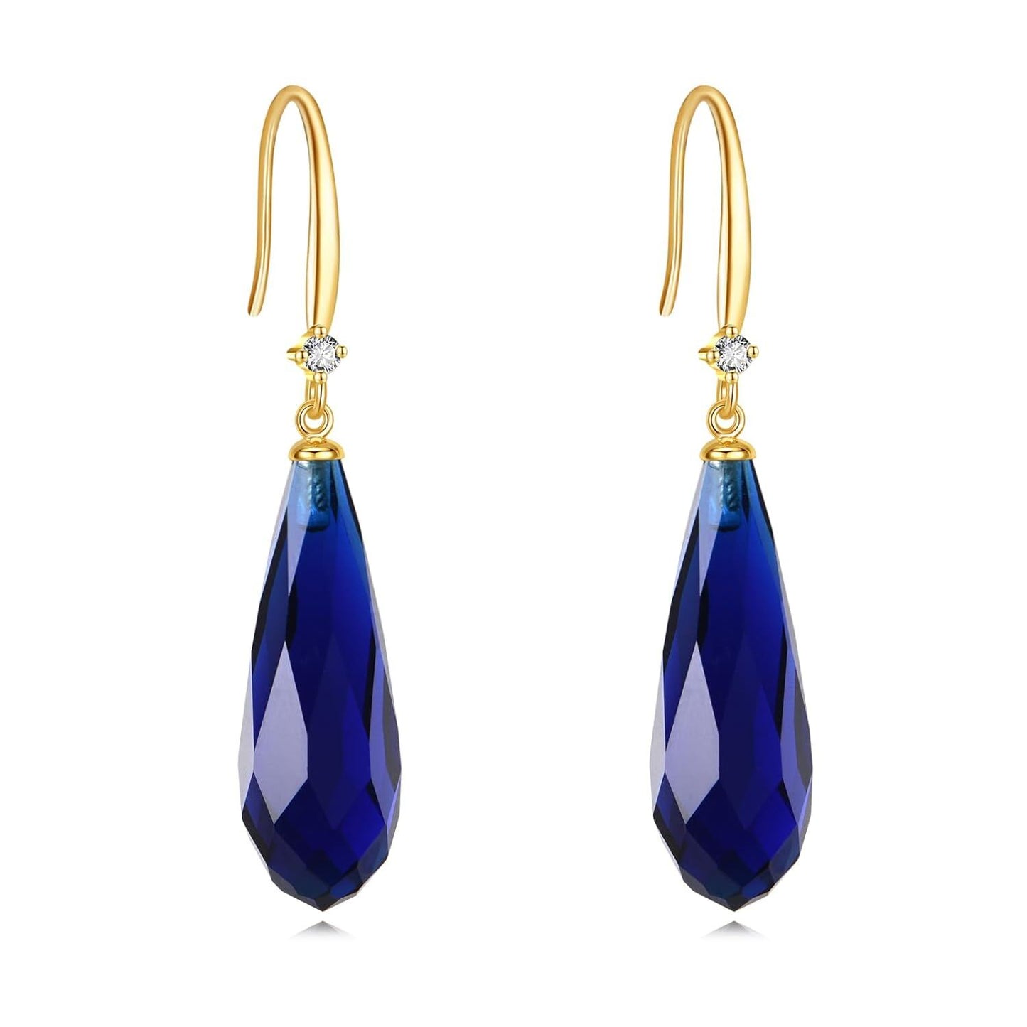 14K Gold Teardrop Shape Stone Drop Earring Wholesale with Blue Crystal and Diamond Accent for Women's Fashion Jewelry