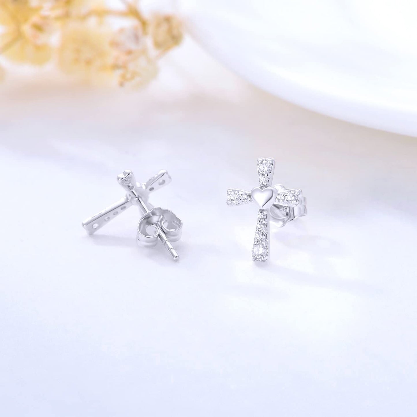 14K White Gold  Cubic Zirconia Heart Cross Stud Earrings