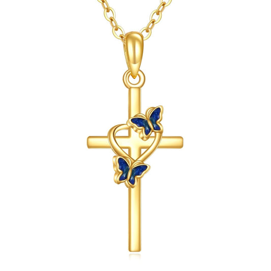 Collares con colgante de mariposa cruz de oro de 14K al por mayor para mujer, esmalte azul