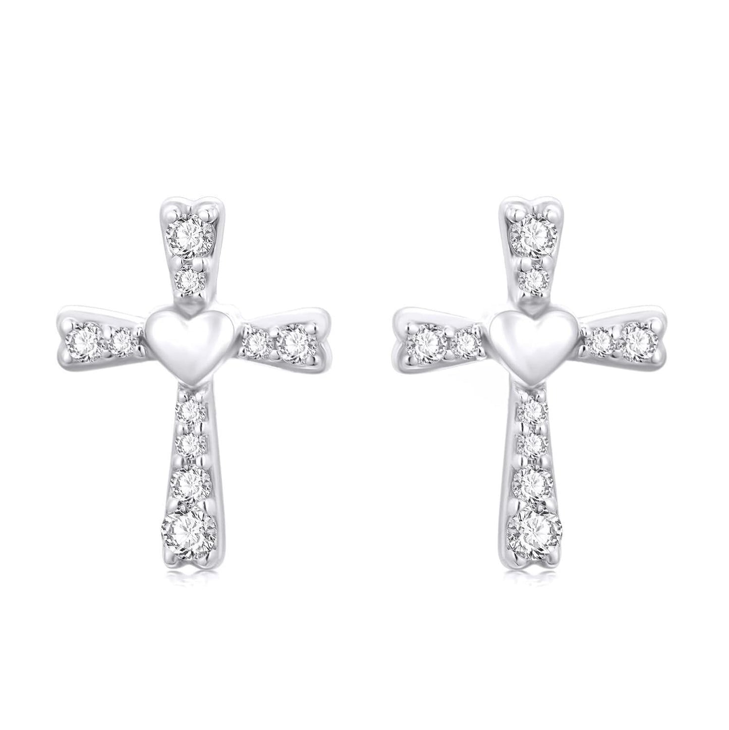 14K White Gold  Cubic Zirconia Heart Cross Stud Earrings