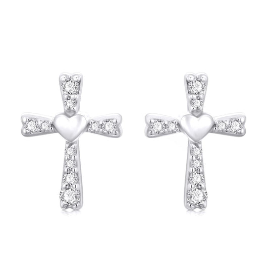 14K White Gold  Cubic Zirconia Heart Cross Stud Earrings