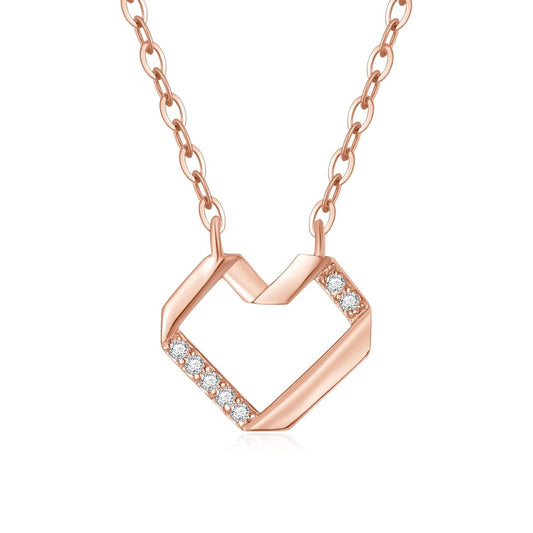 14K Gold Diamond Hexagon Open Heart Bar Pendant Necklace