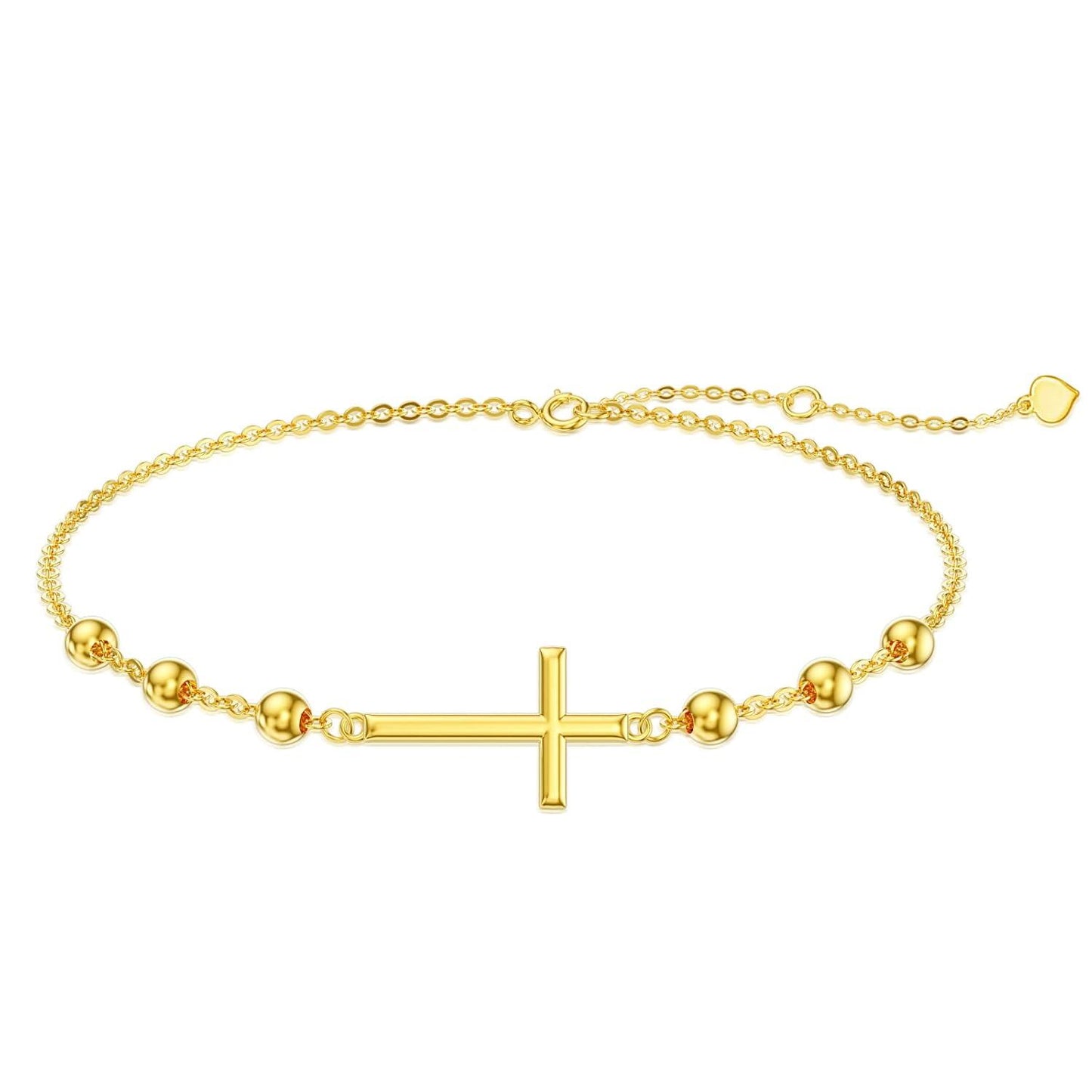 14K Gold Sideways Cross Beaded Chain Bracelet