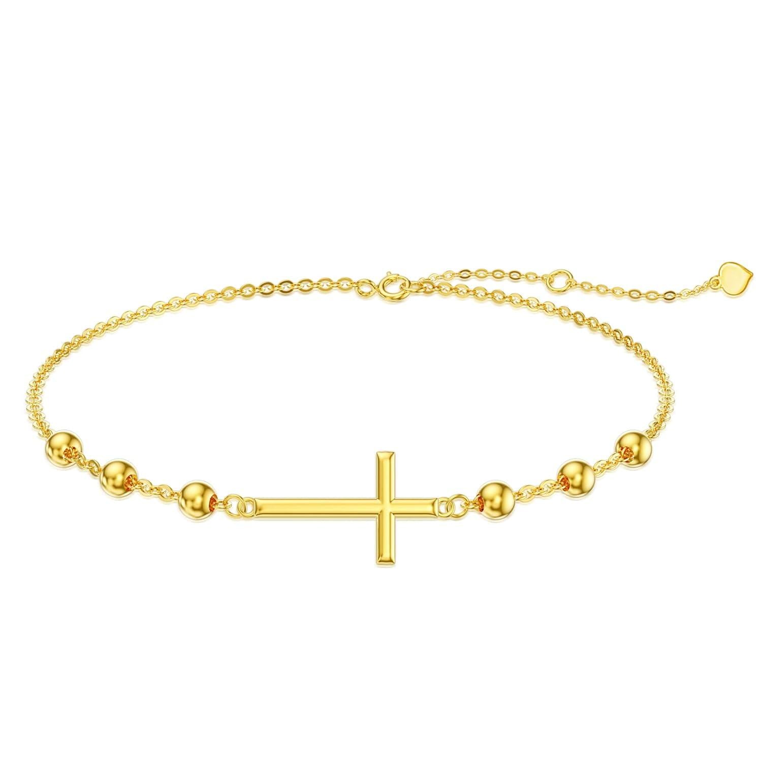 14K Gold Sideways Cross Beaded Chain Bracelet