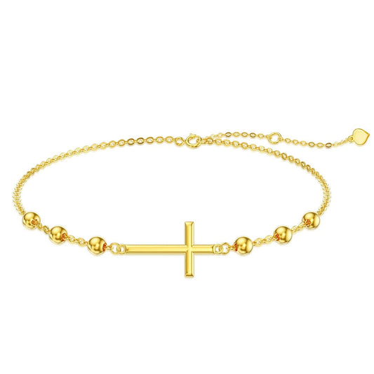 Pulsera de cadena de cuentas con cruz lateral de oro de 14 quilates