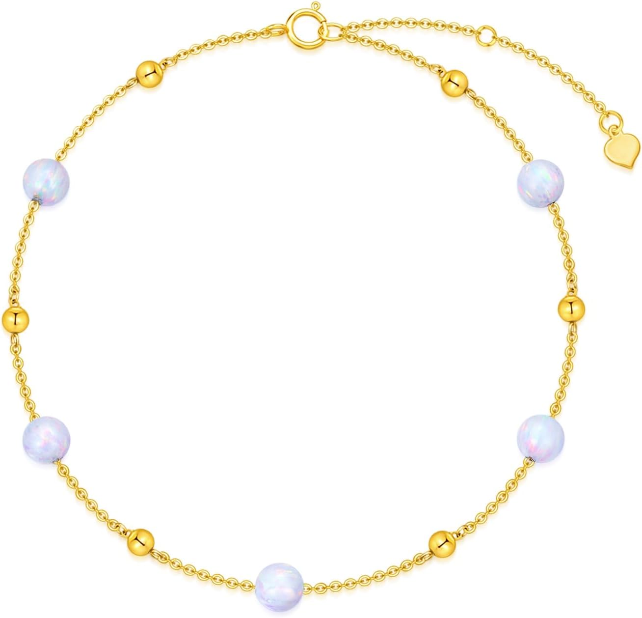 14K Yellow Gold White Opal Anklet, Adjustable