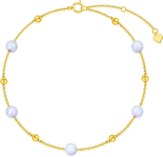 14K Yellow Gold White Opal Anklet, Adjustable 8–9