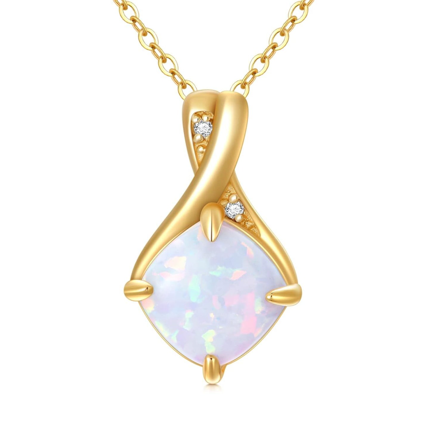 14K Gold White Opal & Diamond Pendant Necklace, 16 inch
