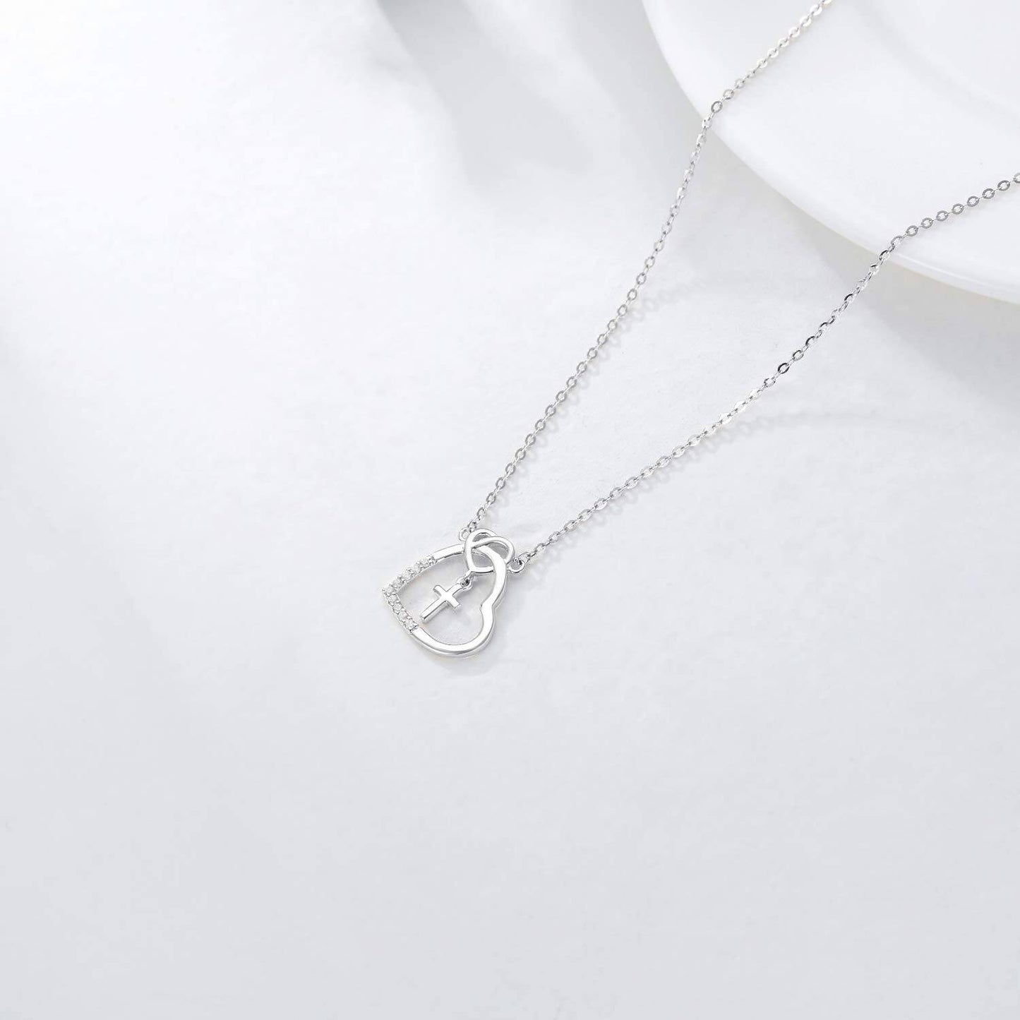 14K Gold CZ Heart with Cross Pendant Necklace