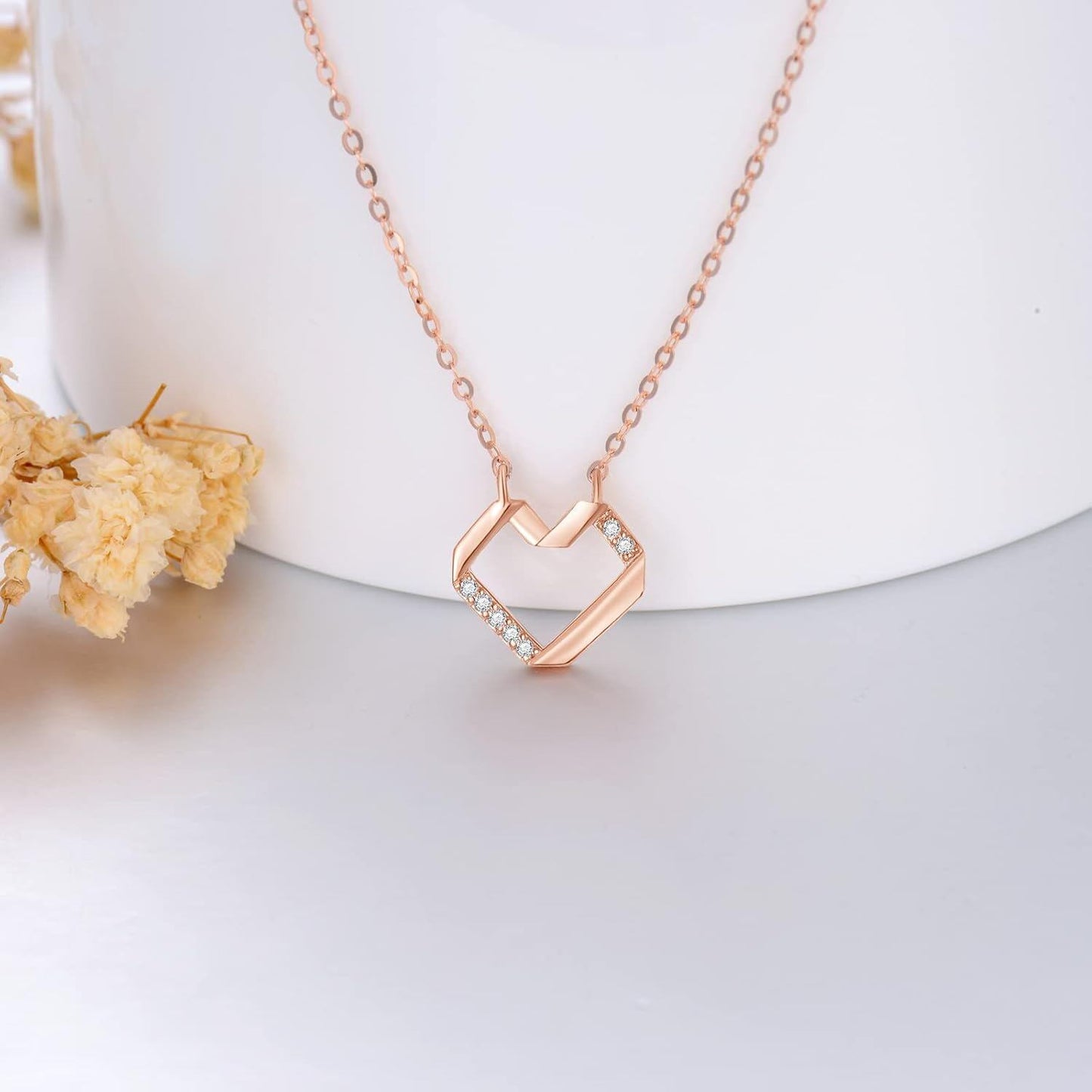 14K Gold Diamond Hexagon Open Heart Bar Pendant Necklace