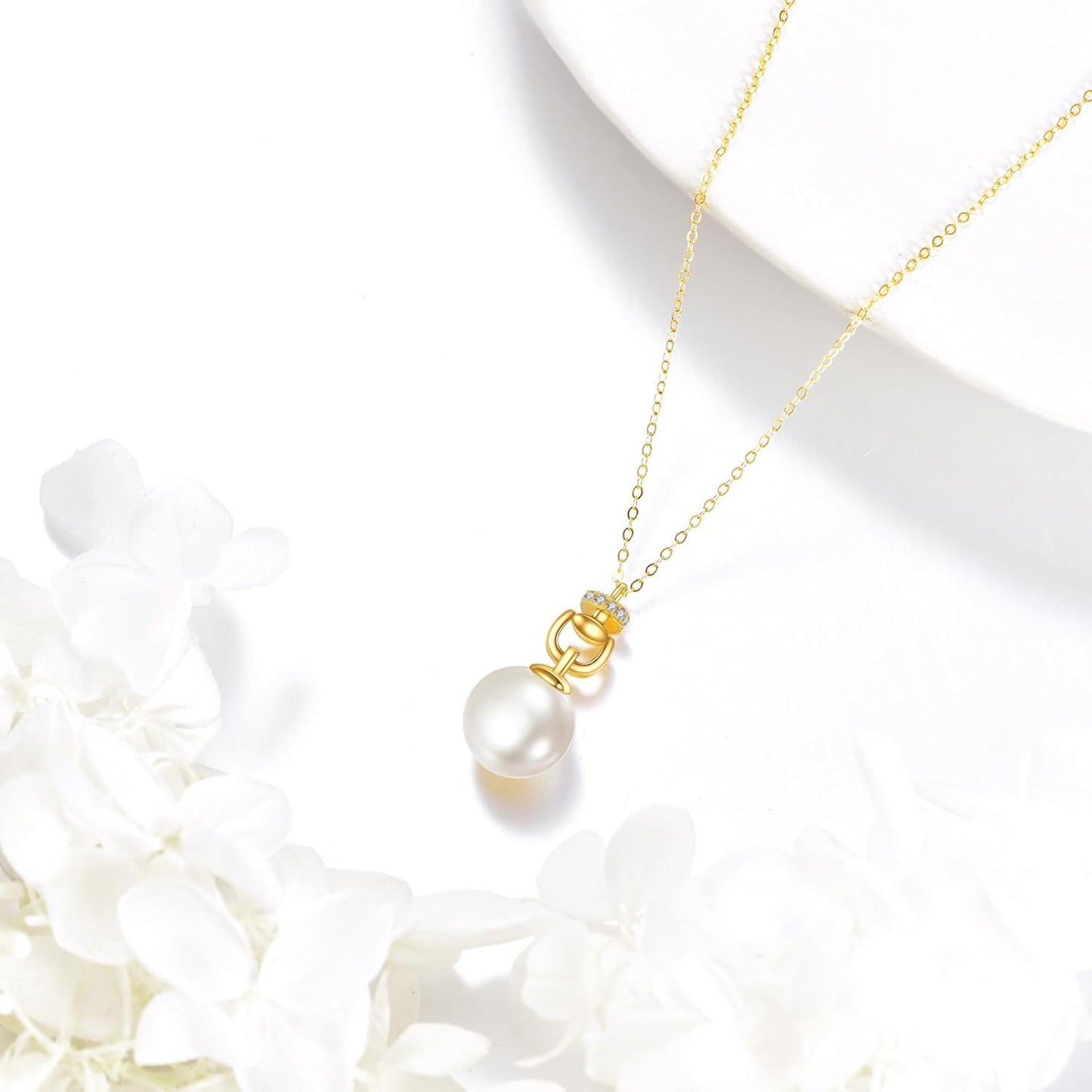 Collar de perlas blancas de oro de 14 quilates con circonitas cúbicas para mujer, elegante, fino