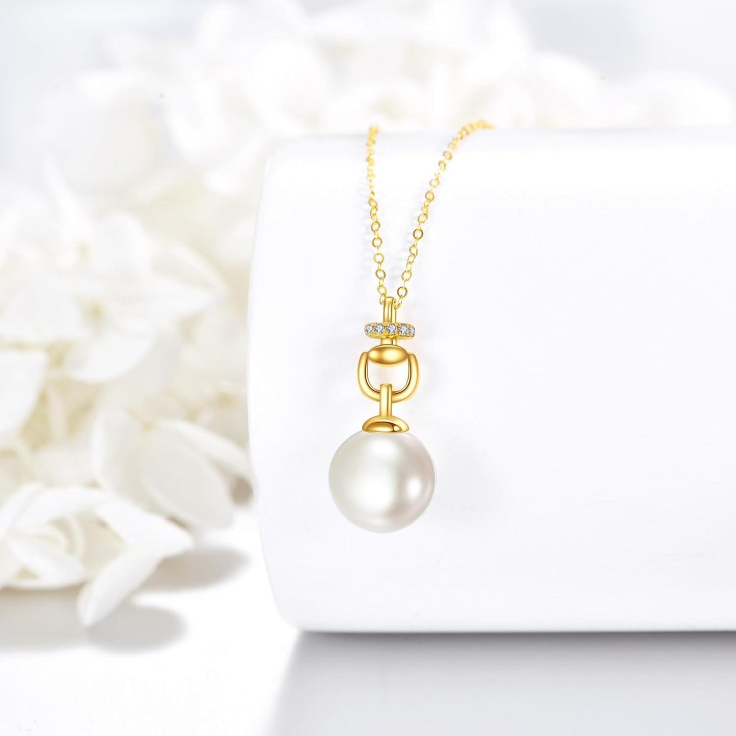Collar de perlas blancas de oro de 14 quilates con circonitas cúbicas para mujer, elegante, fino