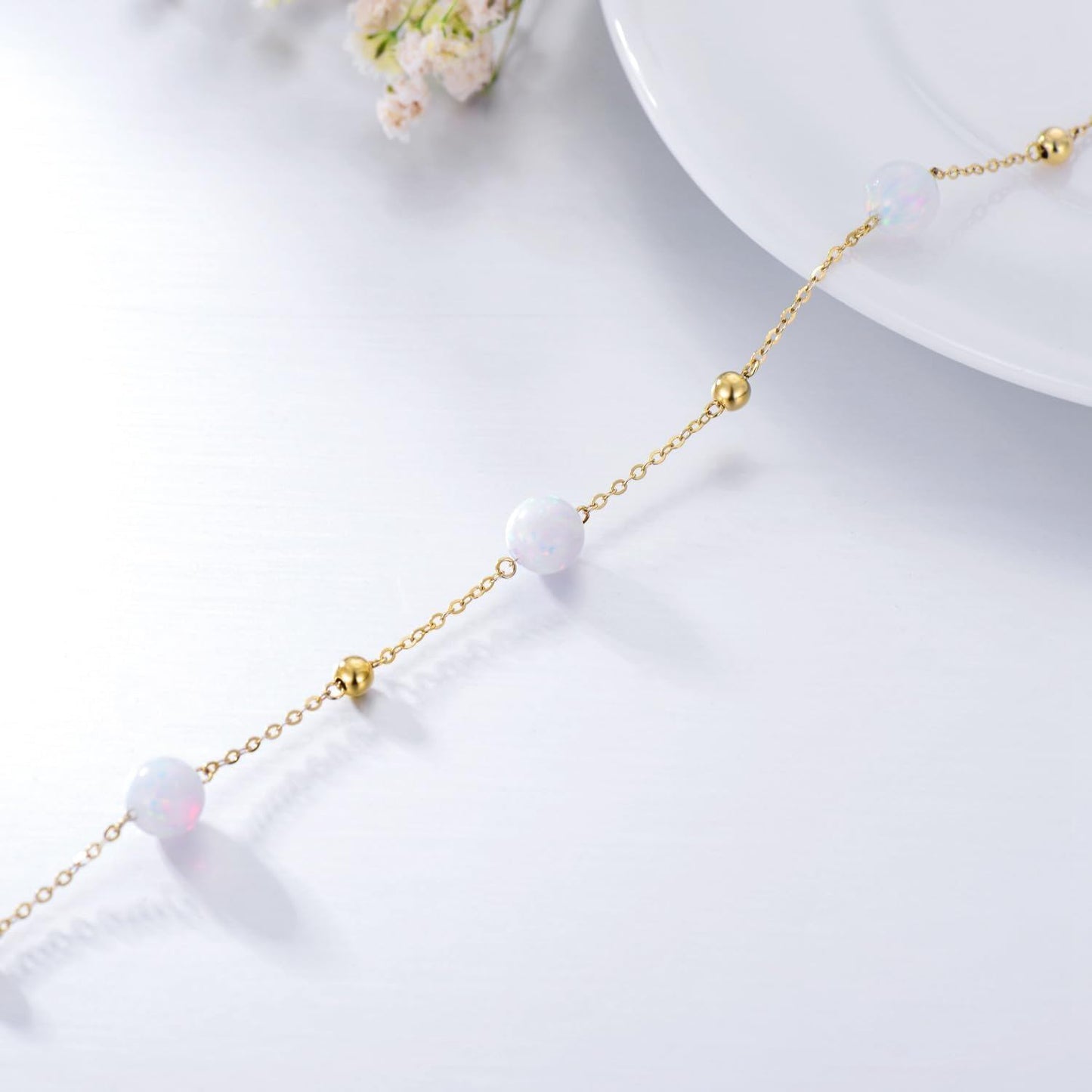 Tobilleras de cadena de oro de 14 quilates con ópalos y abalorios morados para mujer - Talla ajustable