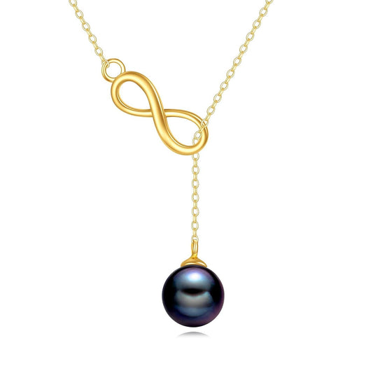 14K Gold Infinity Black Pearl Lariat Necklace