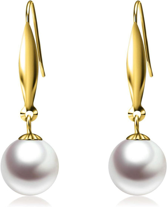 18K Gold Freshwater Pearl Drop Earrings - 8mm Diameter
