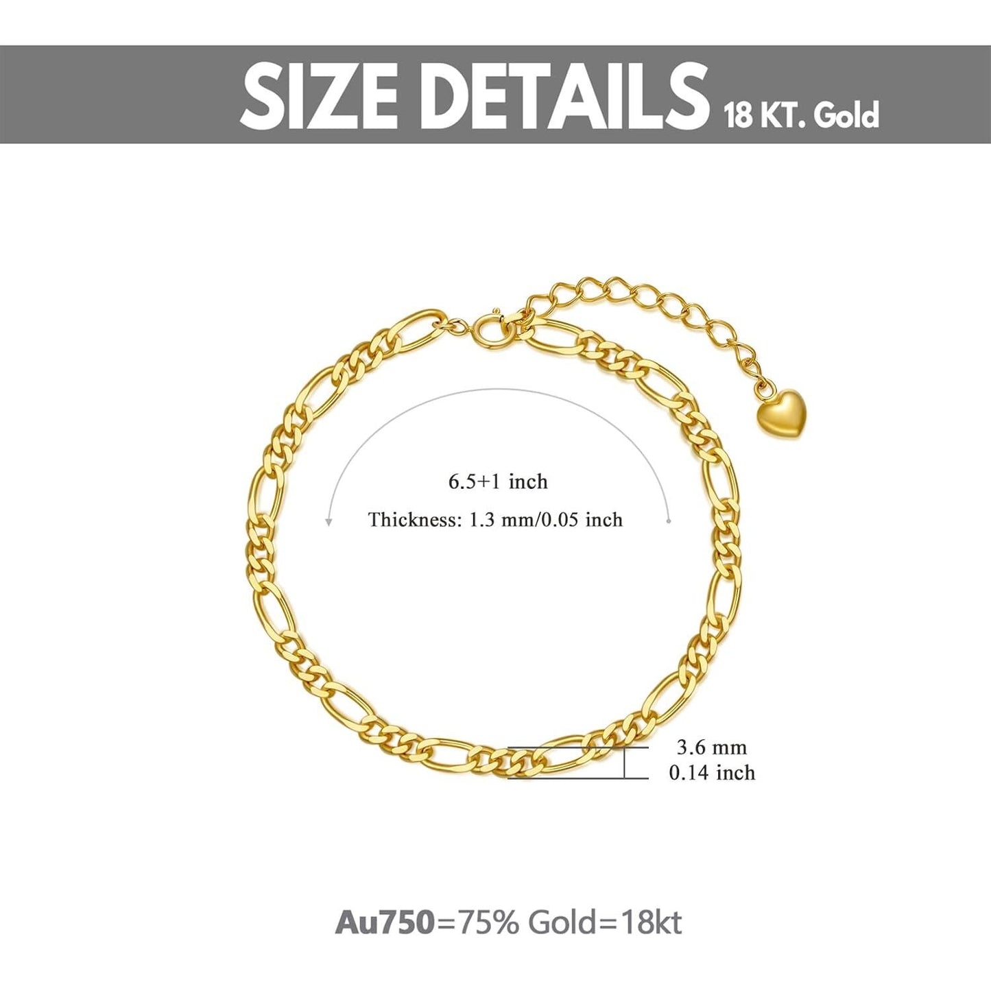Pulsera de cadena de eslabones Figaro de oro de 18K con dije de corazón