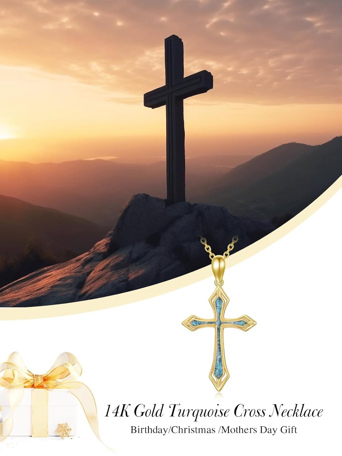 14K Gold Turquoise Inlay Cross Pendant Necklace
