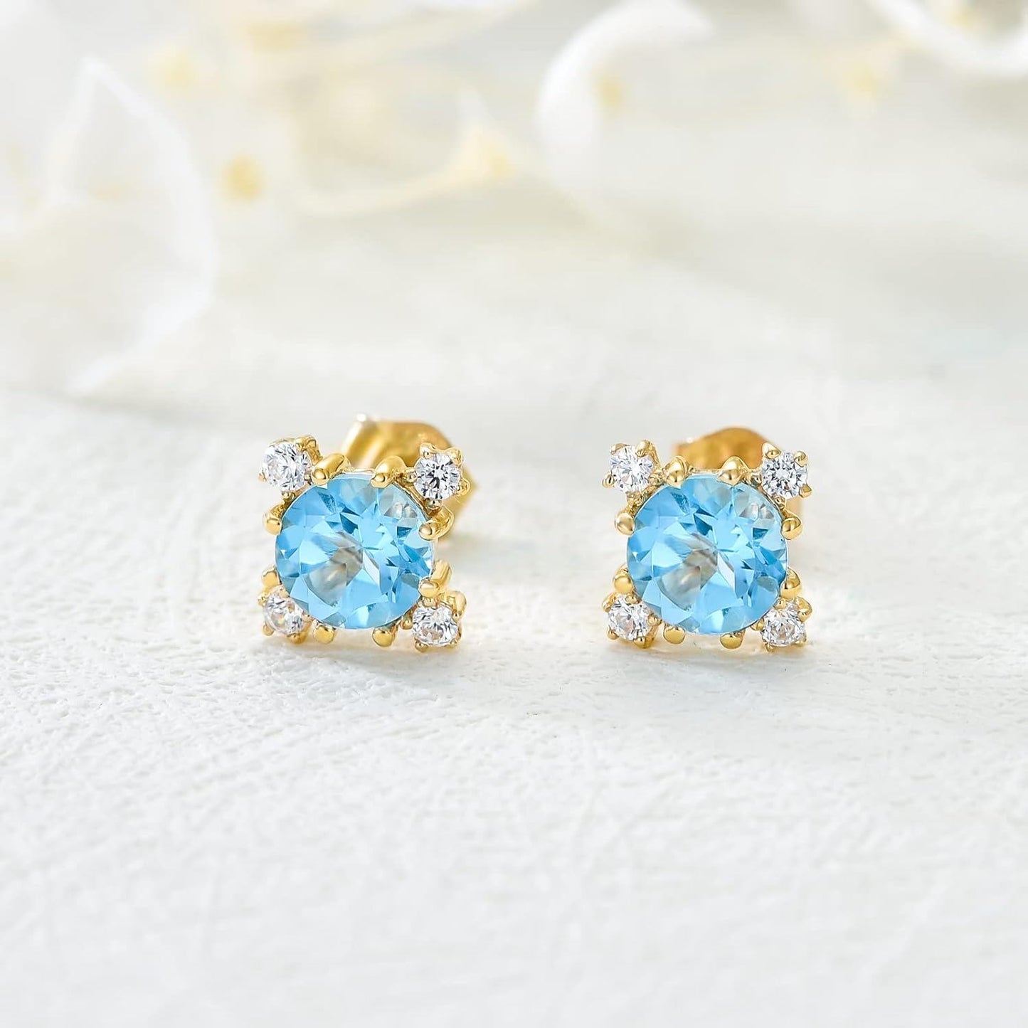 14K White Gold Blue Topaz And Cubic Zirconia Stud Earrings