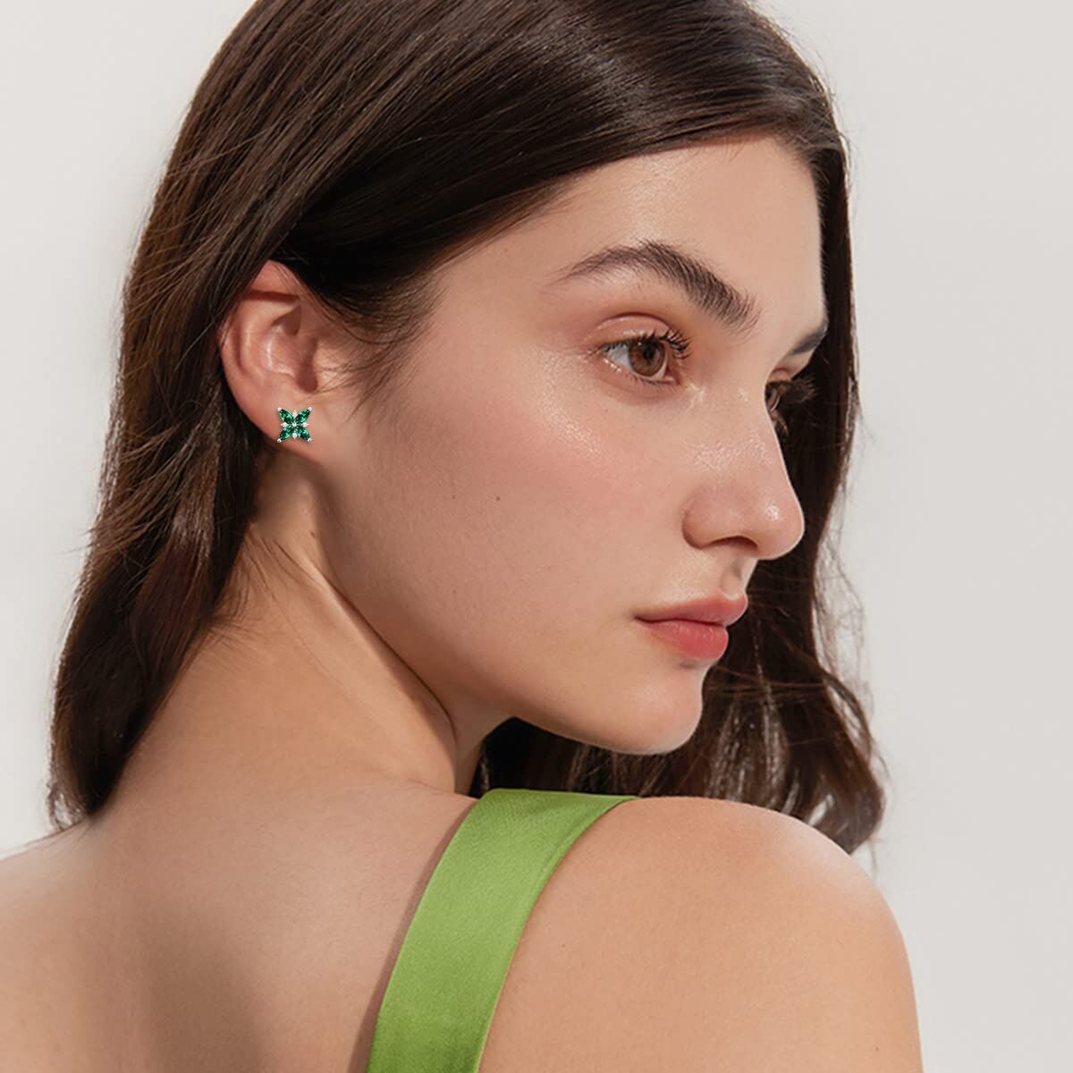 Pendientes de oro blanco de 14 quilates con esmeraldas y circonitas para mujer, regalo