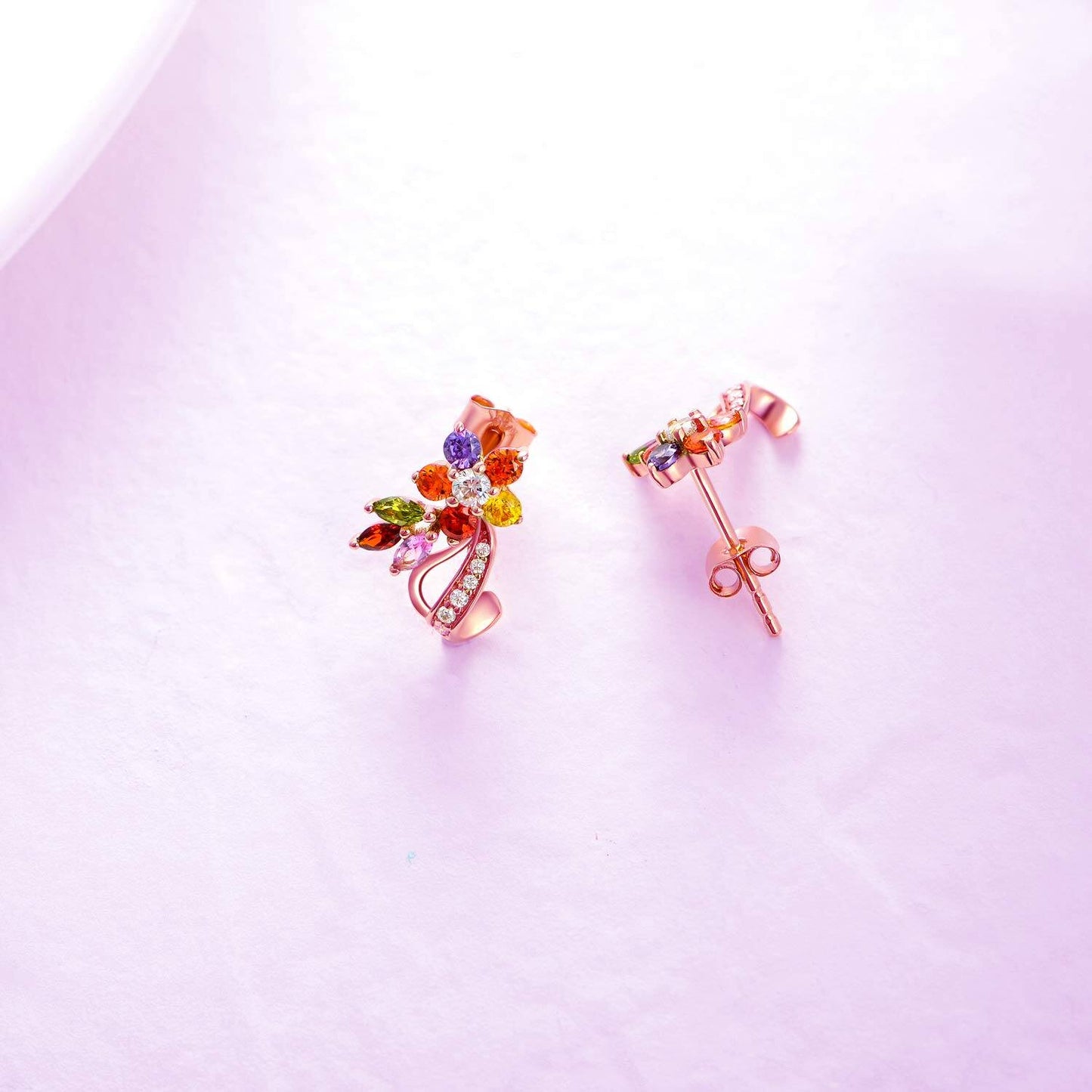 14K Rose Gold Flower Earrings With Multicolor Gemstones Moissanite And CZ