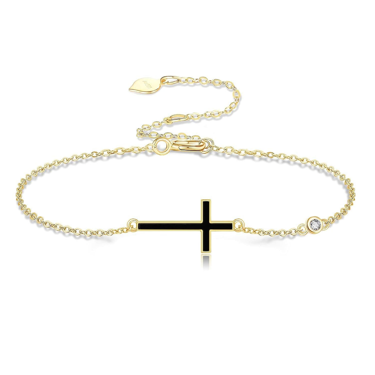 14k Gold Cross Bracelet With Black Enamel And Lab Diamond Accent