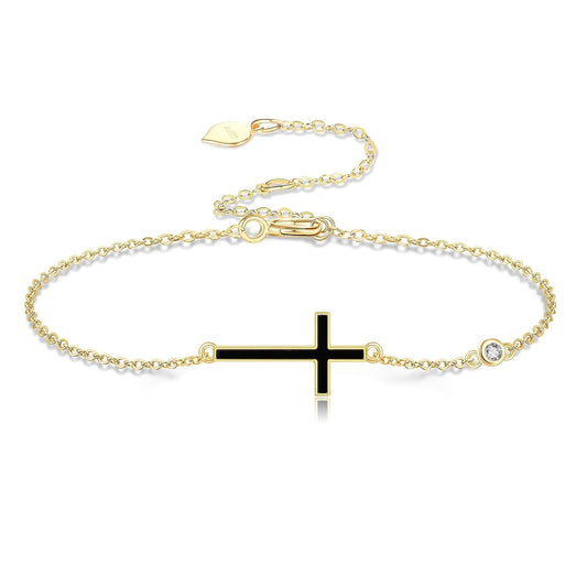 14k Gold Cross Bracelet With Black Enamel And Lab Diamond Accent