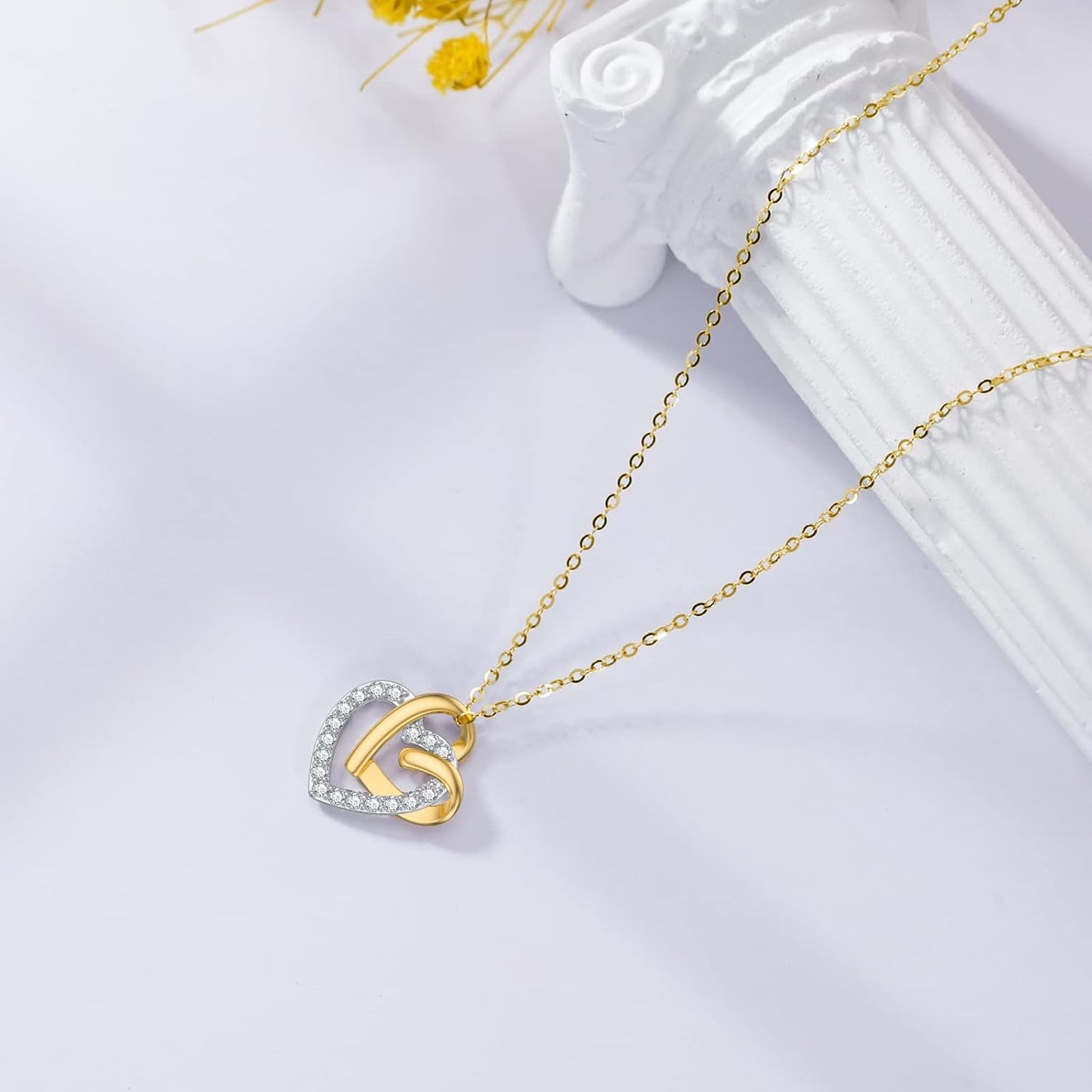 18K Rose & White Gold Double Heart Diamond Pendant Necklaces