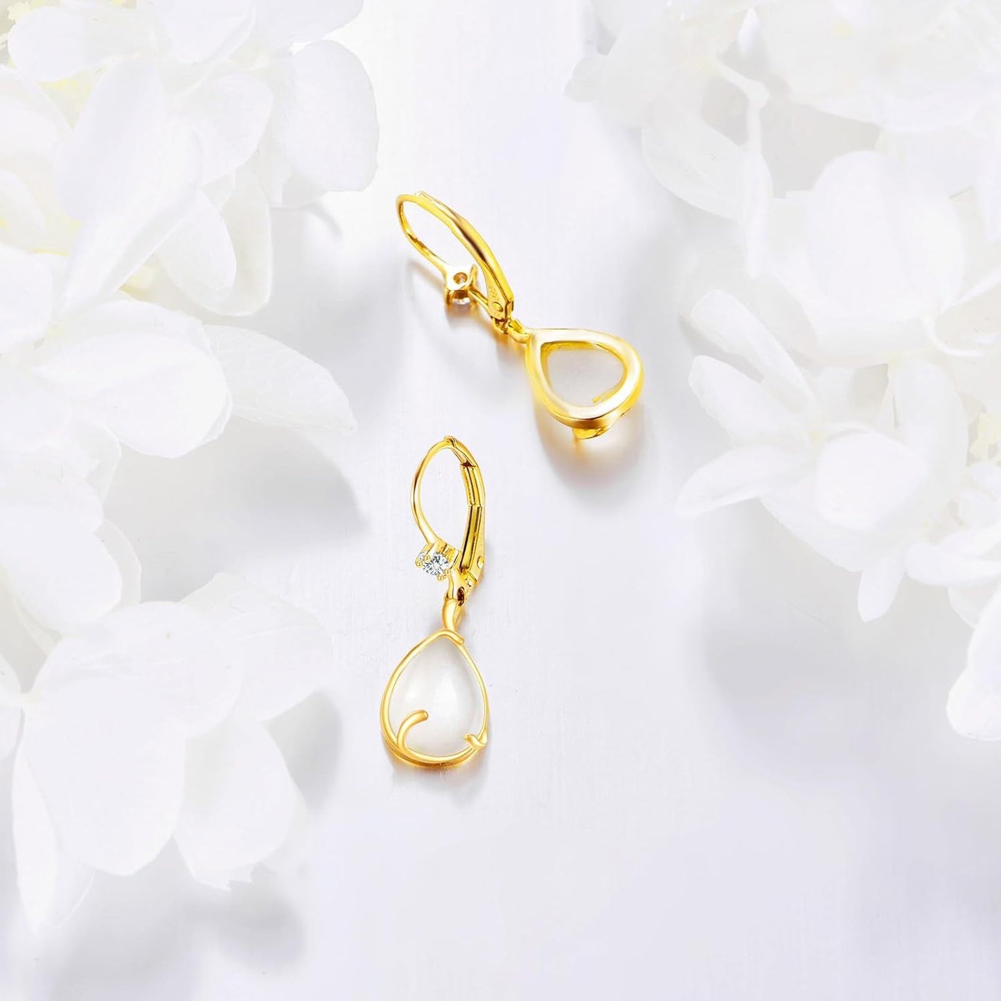 Pendientes de palanca de oro de 14 quilates con forma de lágrima de piedra lunar para mujer